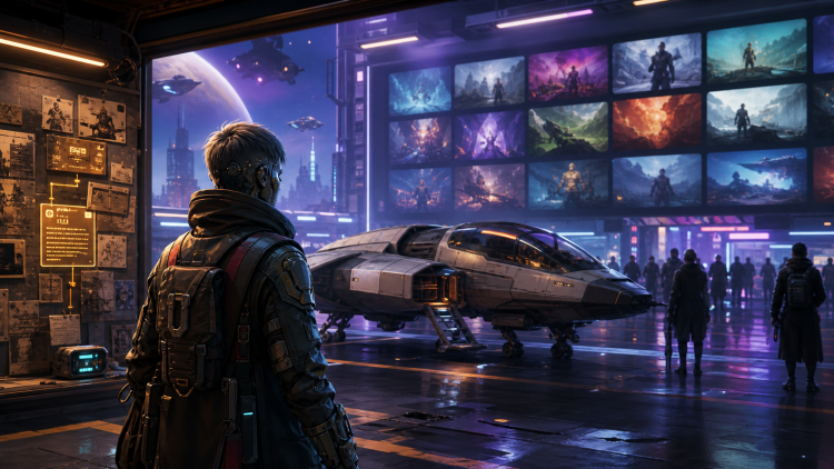 Bohater science-fiction przygotowuje statek i załogę do kontraktów w kosmicznym mieście