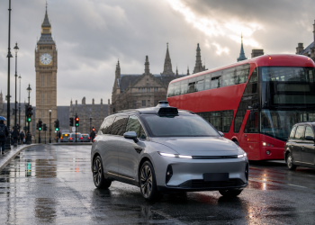 Autonomiczna taksówka z czujnikami jedzie ulicą Londynu obok czerwonego autobusu