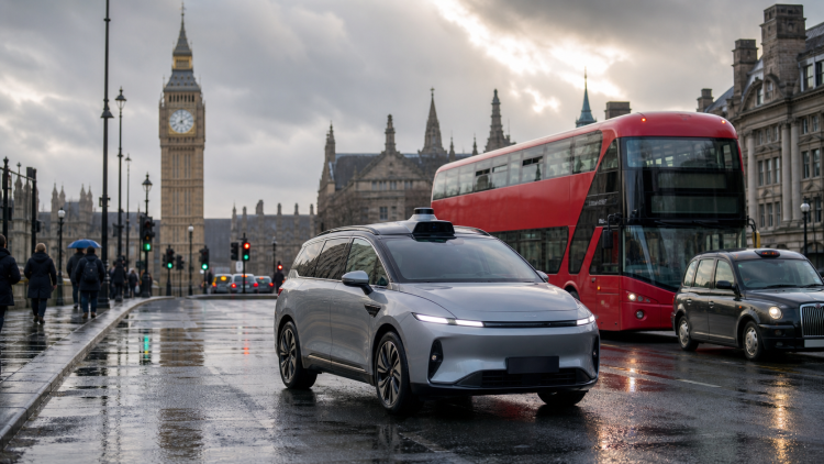 Autonomiczna taksówka z czujnikami jedzie ulicą Londynu obok czerwonego autobusu