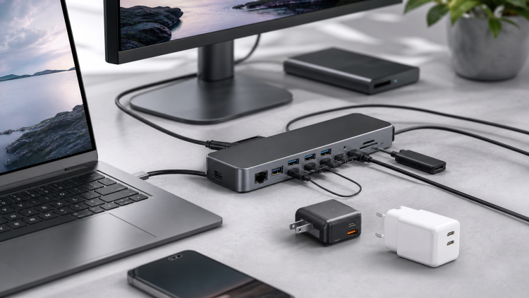 Wielofunkcyjna stacja dokująca USB-C łączy laptop z monitorem, dyskiem i ładowarkami