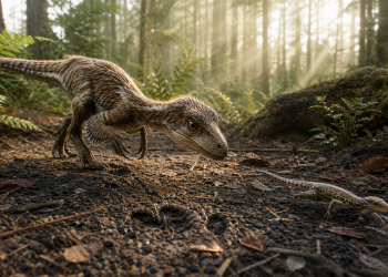 Mały upierzony tyranozaur polujący na drobną zdobycz na dnie kredowego lasu