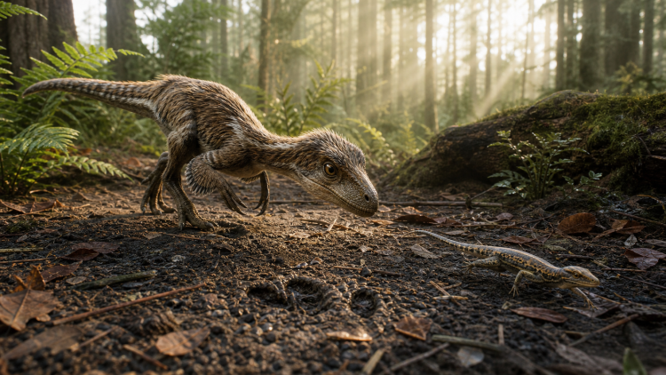 Mały upierzony tyranozaur polujący na drobną zdobycz na dnie kredowego lasu