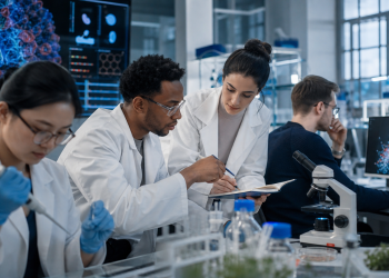 Młodzi naukowcy wspólnie pracujący w nowoczesnym interdyscyplinarnym laboratorium