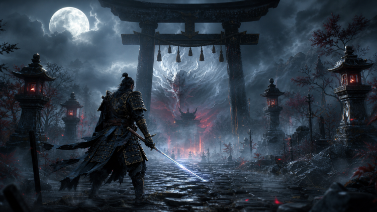Samuraj przed wejściem do nadprzyrodzonego świata w księżycowej Japonii