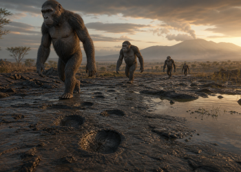 Grupa Paranthropus boisei pozostawia głębokie ślady na wilgotnym podłożu