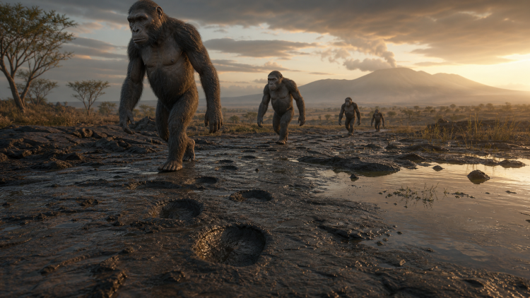 Grupa Paranthropus boisei pozostawia głębokie ślady na wilgotnym podłożu