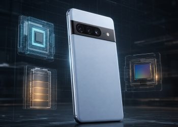 Koncepcyjny smartfon Google Pixel 11a otoczony elementami procesora, baterii i aparatu