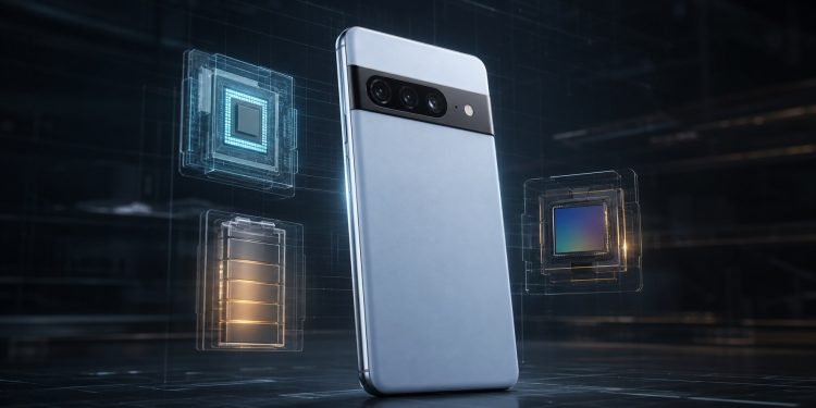 Koncepcyjny smartfon Google Pixel 11a otoczony elementami procesora, baterii i aparatu