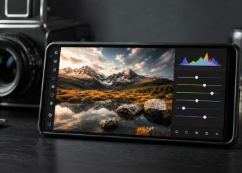 Smartfon z profesjonalnym mobilnym edytorem zdjęć oraz aparatem fotograficznym w tle