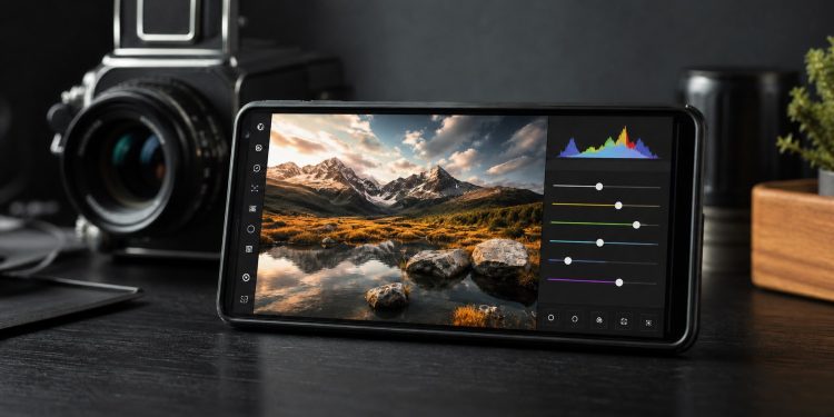 Smartfon z profesjonalnym mobilnym edytorem zdjęć oraz aparatem fotograficznym w tle