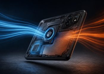 Koncepcyjny wydajny smartfon z widocznym wentylatorem chłodzącym i procesorem