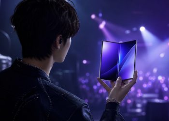Koncepcyjna sylwetka artysty K-pop prezentującego składany smartfon na scenie