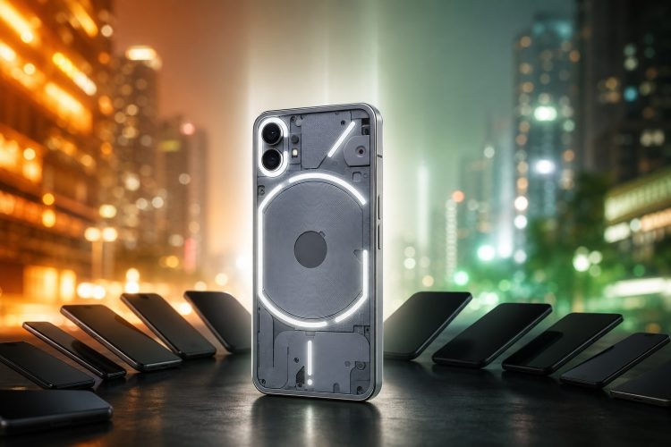 Nowoczesny smartfon z przezroczystą obudową na tle indyjskiej metropolii
