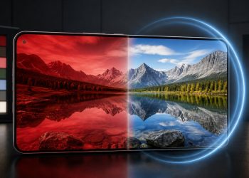 Ekran smartfona Galaxy S26 Ultra przed i po usunięciu czerwonego zafarbu kolorów