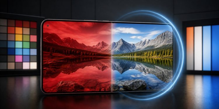 Ekran smartfona Galaxy S26 Ultra przed i po usunięciu czerwonego zafarbu kolorów