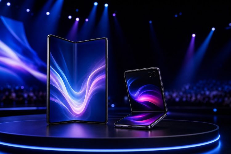 Dwa koncepcyjne składane smartfony na scenie wydarzenia technologicznego