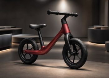 Minimalistyczny dziecięcy rowerek biegowy z magnezową ramą na pustej ekspozycji