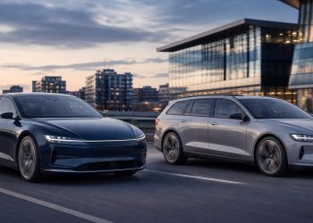 Elektryczny sedan i kombi na amerykańskiej ulicy, wizualizacja planów Volvo