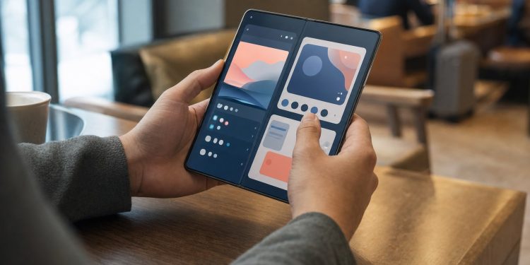 Składany smartfon Xiaomi Mix Fold 5 z systemem HyperOS 4 używany w kawiarni